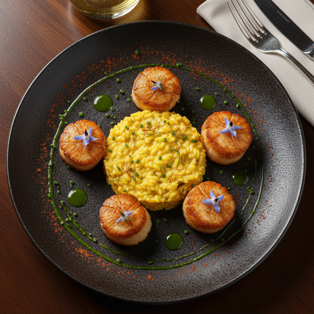 A beautifully plated dish of seared scallops with a saffron risotto.