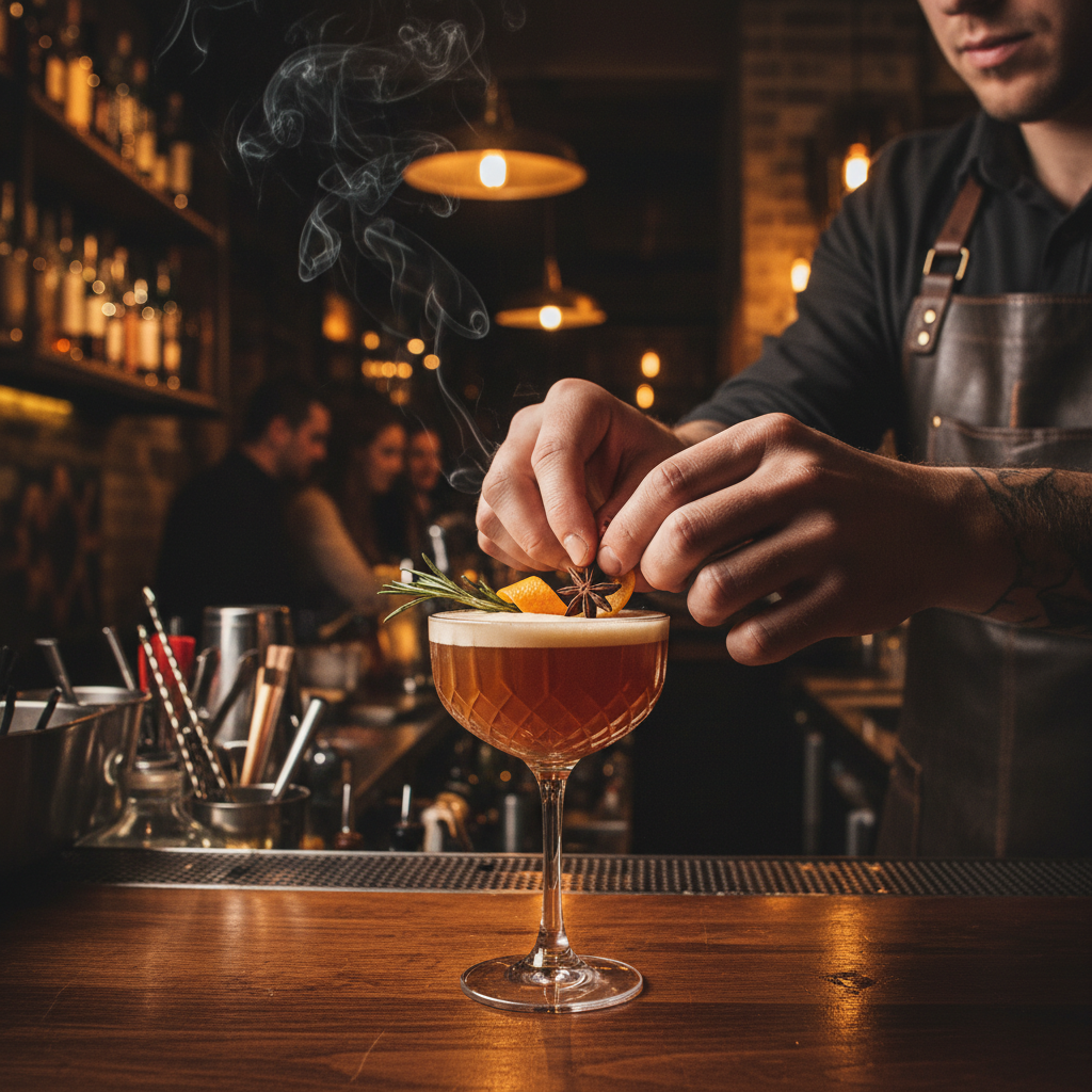 A close-up of a craft cocktail being garnished.