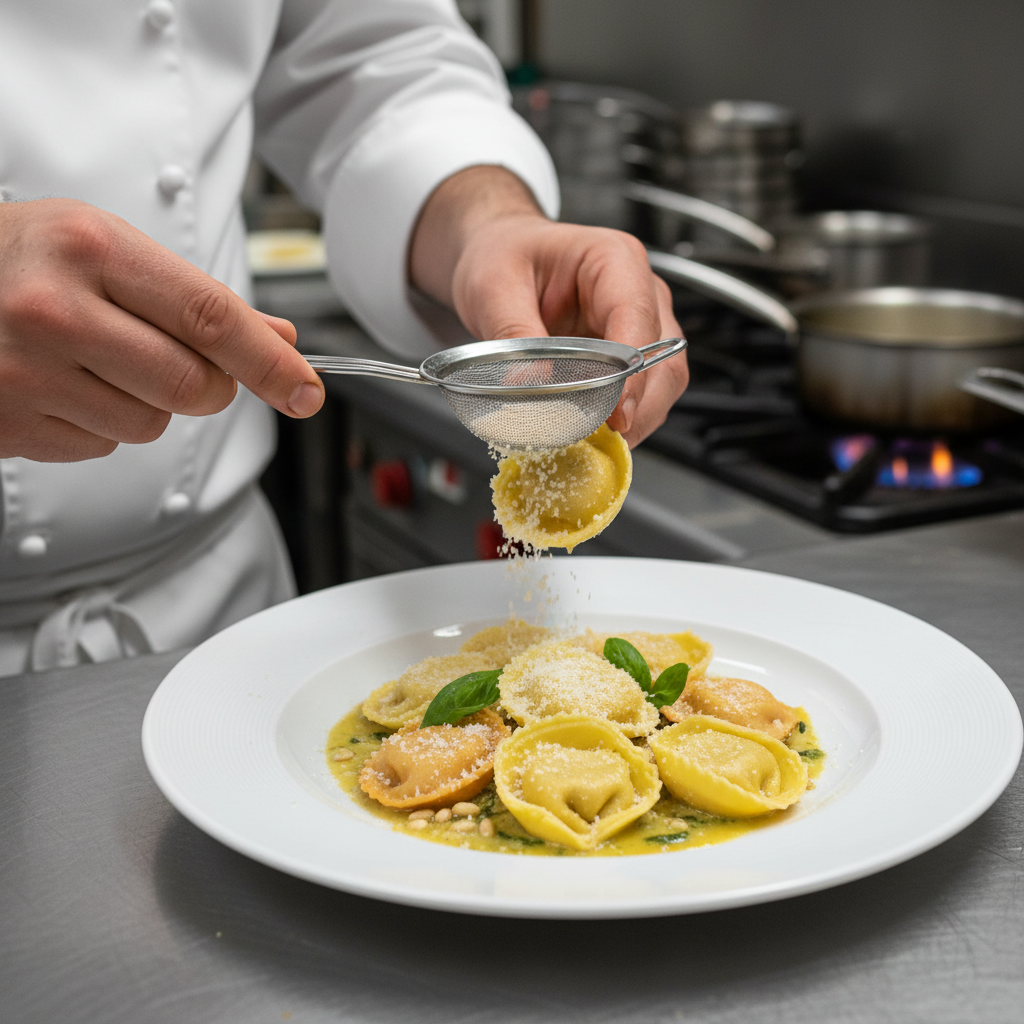 Handmade pasta being prepared by a chef.