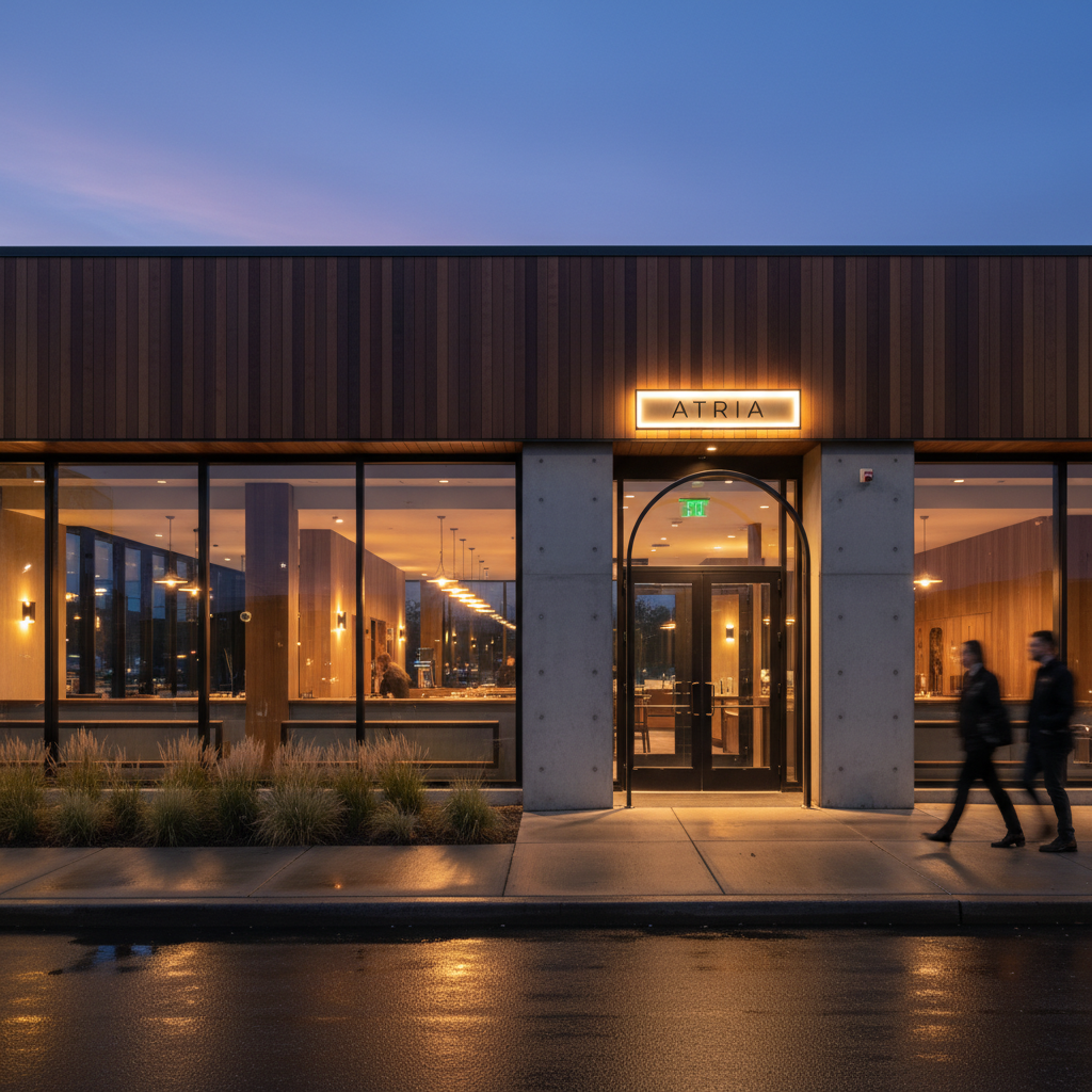The exterior of Vero restaurant at dusk.
