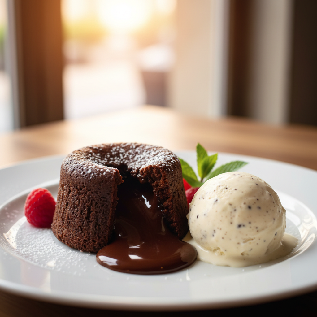 A rich chocolate lava cake dessert.